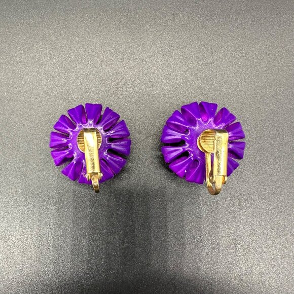 Vintage Flower Power Clip On Earrings Purple Turquoise 60s Retro Enamel Jewely - Picture 4 of 7